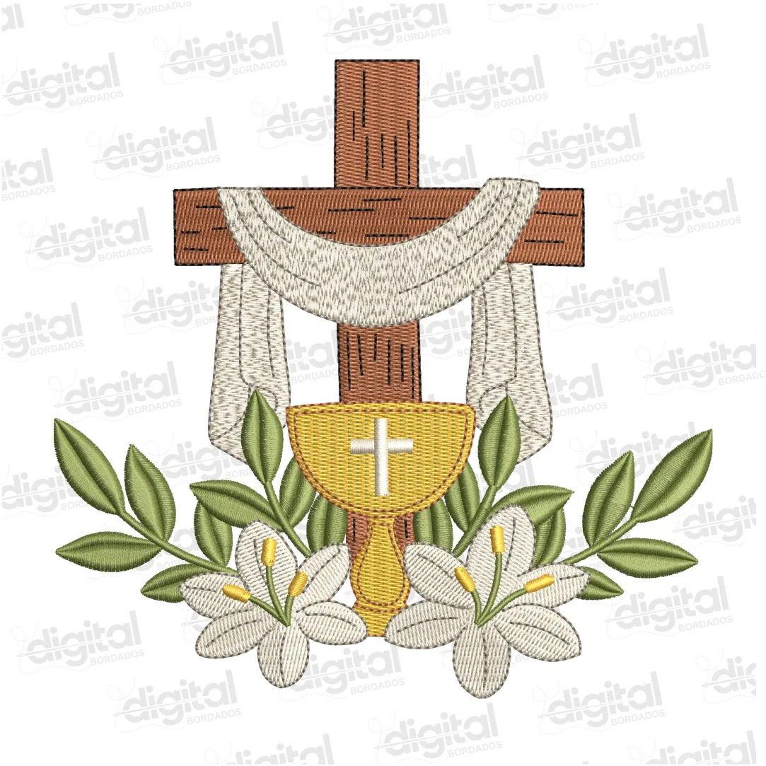 Matriz Bordado Cruz e Cálice com Flores de Lírio