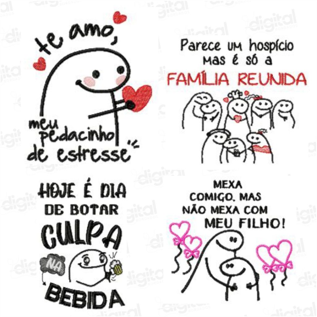 Matriz de bordado estilo Flork para bordado eletrônico – Desenhos divertidos e engraçados para personalizar seus projetos com frases de humor e personagens expressivos. Baixe agora sua matriz Flork para máquina de bordar!