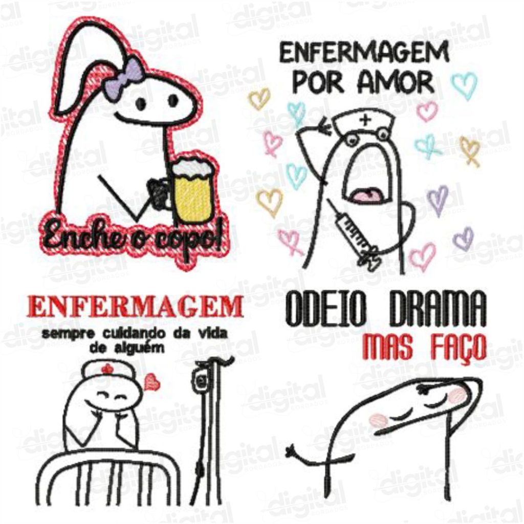 Matriz de bordado estilo Flork para bordado eletrônico – Desenhos divertidos e engraçados para personalizar seus projetos com frases de humor e personagens expressivos. Baixe agora sua matriz Flork para máquina de bordar!