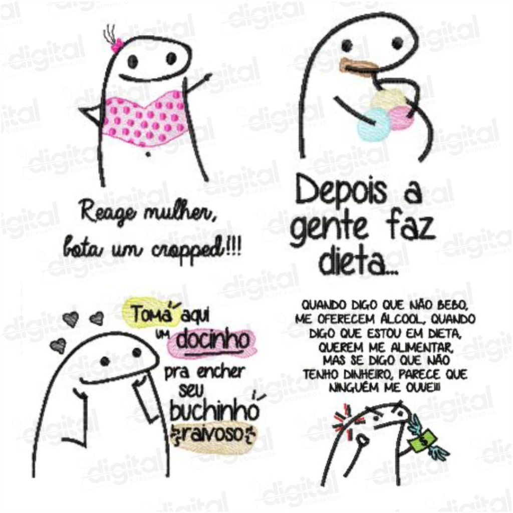 Matriz de bordado estilo Flork para bordado eletrônico – Desenhos divertidos e engraçados para personalizar seus projetos com frases de humor e personagens expressivos. Baixe agora sua matriz Flork para máquina de bordar!