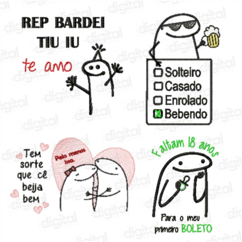 Matriz de bordado estilo Flork para bordado eletrônico – Desenhos divertidos e engraçados para personalizar seus projetos com frases de humor e personagens expressivos. Baixe agora sua matriz Flork para máquina de bordar!